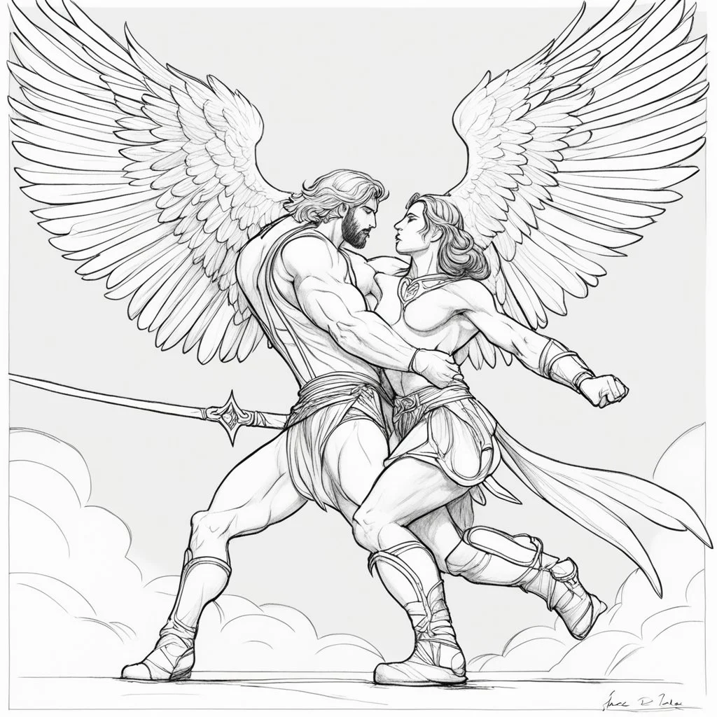 pencil sketch:: single line:: fantasy art, Jacob wrestling with angel.