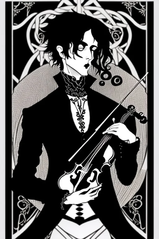 goth male necromancer with black hair playing a violin in the style of Aubrey Beardsley