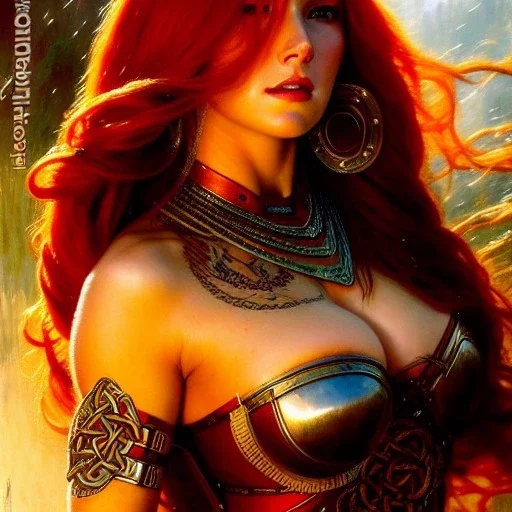 portrait 'beautiful Sexy busty Redhead Sif',Braids, celtic tattoed,painting by gaston bussiere, greg rutkowski, yoji shinkawa, yoshitaka amano, tsutomu nihei, donato giancola, tim hildebrandt, oil on canvas, cinematic composition, extreme detail,fit full head inside picture,32k