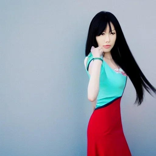 Women in Japan, long black hair, blue eyes, red dress