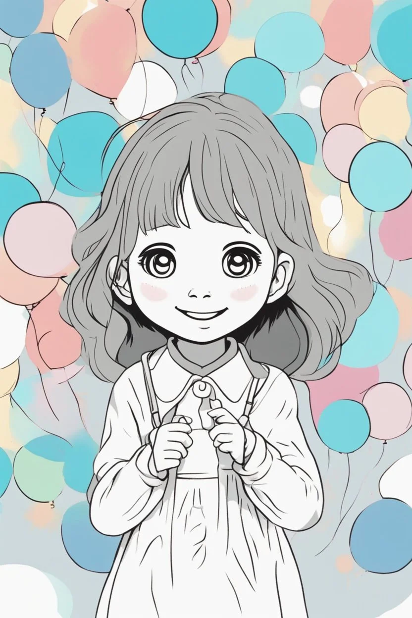 A round-faced little girl happily holding a bunch of colorful balloons. Circles can be used to depict the balloons, her eyes, and the sun in the background. very happy , Colloring page for todlliers ; basic hawali style cartoon , black and white , ink outlines , , smooth , anime style , minimalist , cute eyes , full body , white shose , sketchbook , realistic sketch , free lines , on paper , character sheet , clean line art high detailed