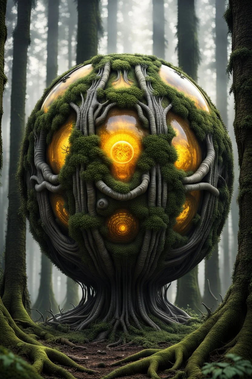 Forest giant sphere full body, full shot,forest,Sony Alpha 7 50mm 1.8,medium shot, high-resolution image with fine details, citrine, ultra detailed,ultra realistic,extremely realistic,intricate,photorealistic,epic composition,masterpiece,H.R.Giger style