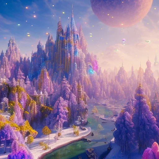 blue gold and violet landscape with multicolored crystals falling from the sky, full of details, smooth, bright sunshine，soft light atmosphere, light effect，vaporwave colorful, concept art, smooth, extremely sharp detail, finely tuned detail, ultra high definition, 8 k, unreal engine 5, ultra sharp focus