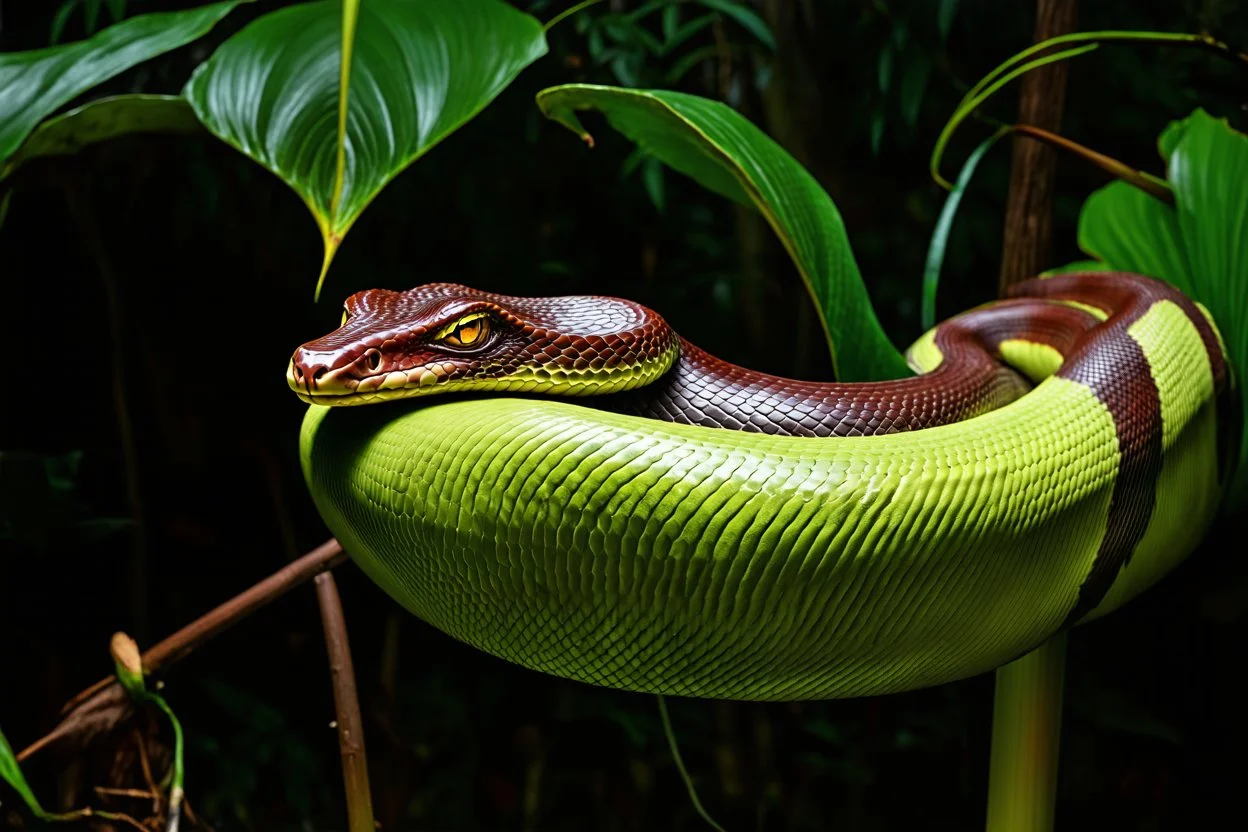 Hybrid 50% animal 50% plant: king cobra (Oipohagus hannah) x Jack-in-the-Pulpit (Arisaema triphyllum) Full width 16:9 close-up illustration filling the entire image width of a hybrid king cobra (Oipohagus hannah) x Jack-in-the-Pulpit (Arisaema triphyllum) creature against a lush forest background. The hybrid has a large, hooded flower with smooth, scaly, green-and-burgundy stripes that is simultaneously the head of a king cobra ready to strike. The upper part of the hood appears to have eyes, an