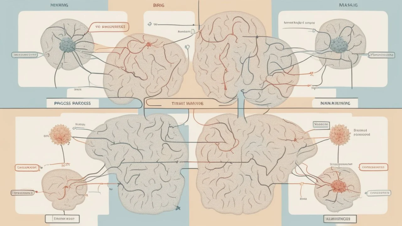 "The attached image illustrates the process of human thinking, with a simplified representation of the brain and neural cells interconnected with the concepts of thinking and decision-making. This image reflects the concept of the mental process and the role of the brain in it."