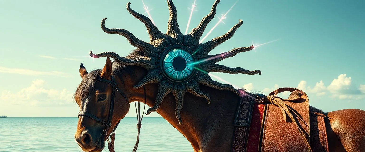 floating creature with a central eye and ten eyestalks, each capable of firing magical rays according to the Monster Wikit on horse in a lagoon beach, goa folk electronica trance, latin breaks, , indian vibes, fsol, close up portrait