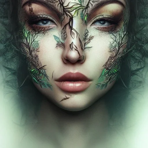 Queen Girl full face tattoo of leaves and gnarled branches extending past face and morphing into reality, color tattoo, 8k resolution, high-quality, fine-detail, intricate, digital art, detailed matte, volumetric lighting, illustration, octane render