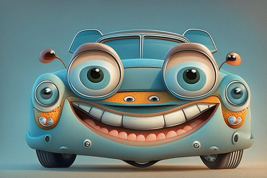 whimsical cartoon car with big eyes and its front grill forming a friendly smile