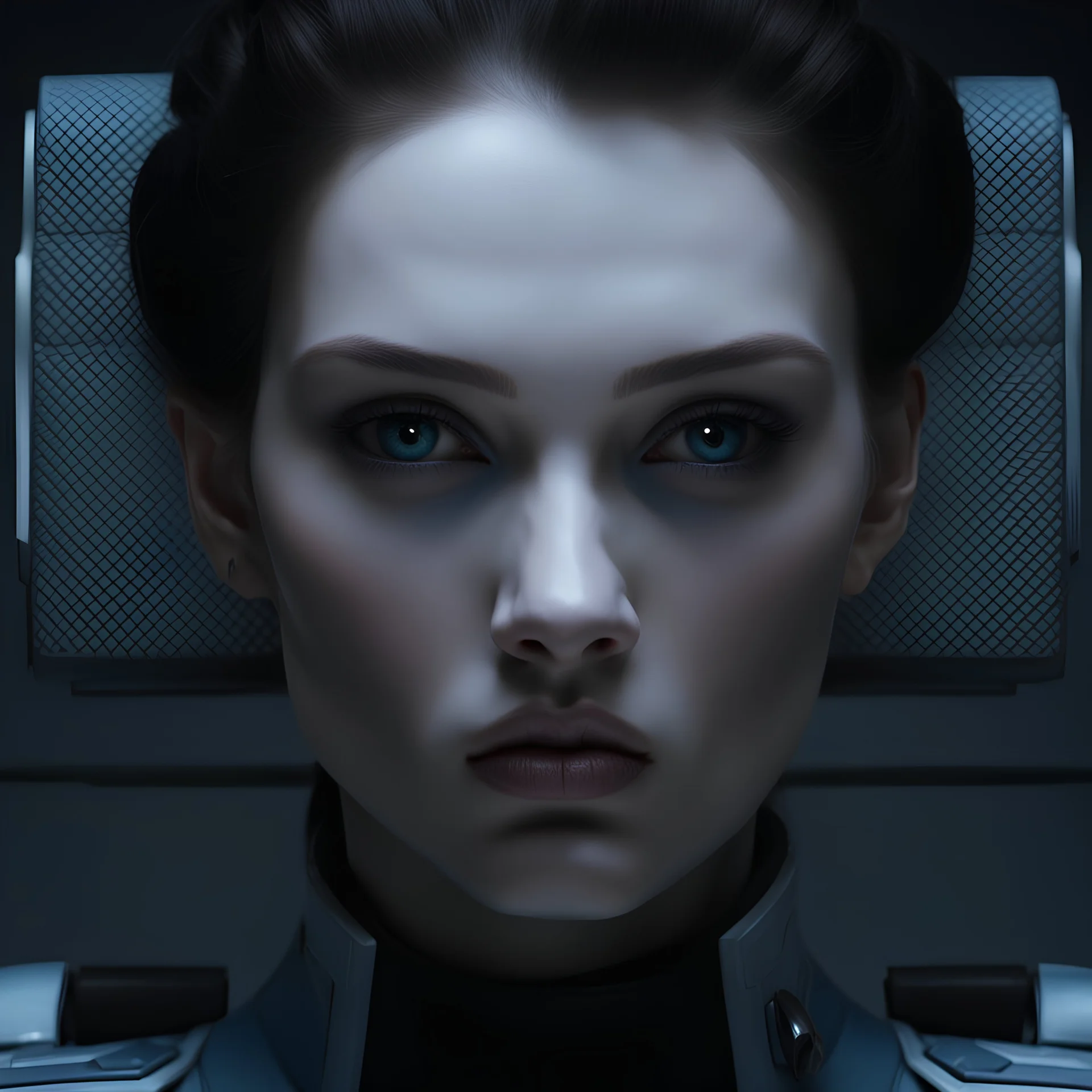 beautiful model female captain, high tech, sci fi, brown eyes, pale skin, blue high tech outfit, dark bun hair, scowling, portrait,