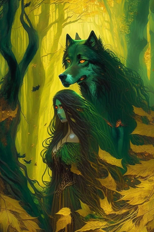 In the heart of a dense and enigmatic forest with towering ancient trees cloaked in emerald, yellow and amber foliage stands an ethereal beauty, her face is perfect, her lustrous hair cascading in ebony waves down to her slender waist in the background just the crimson eyes of a large demonic dog are visible