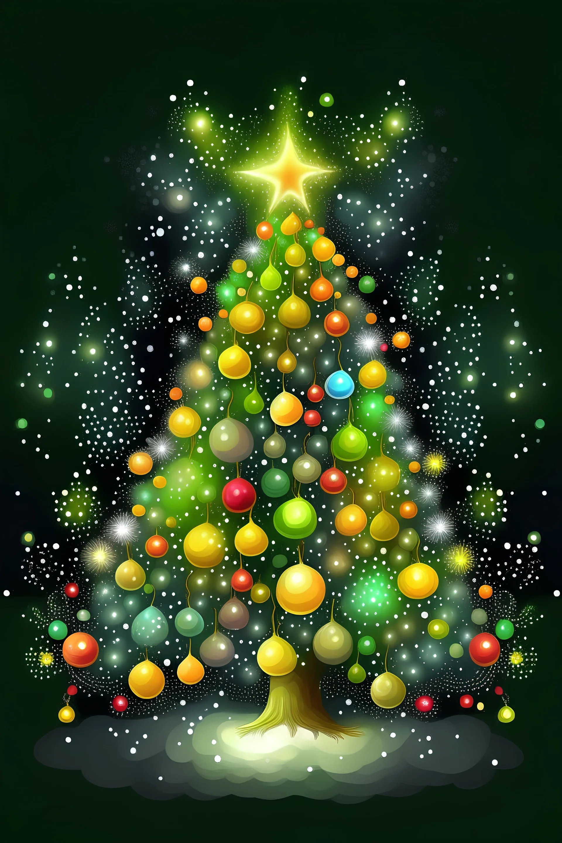 Drawing of beautifully decorated Christmas tree with ornaments, lights, and a shining star on top