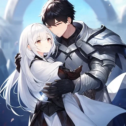 Girl with white hair wearing white robes. Boy with black hair wearing leather armor