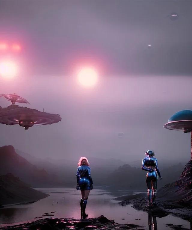 Ultra Realistic retro sci-fi 1960 scene, waist up view portrait, blonde woman, sweet young Marilyn Monroe face, perfect iris, tight latex coat, alien planet background, tight style, steel sphere dron levitating, fog, rain, soft color, highly detailed, unreal engine 5, ray tracing, RTX, lumen lighting, ultra detail, volumetric lighting, 3d, finely drawn, high definition, high resolution.