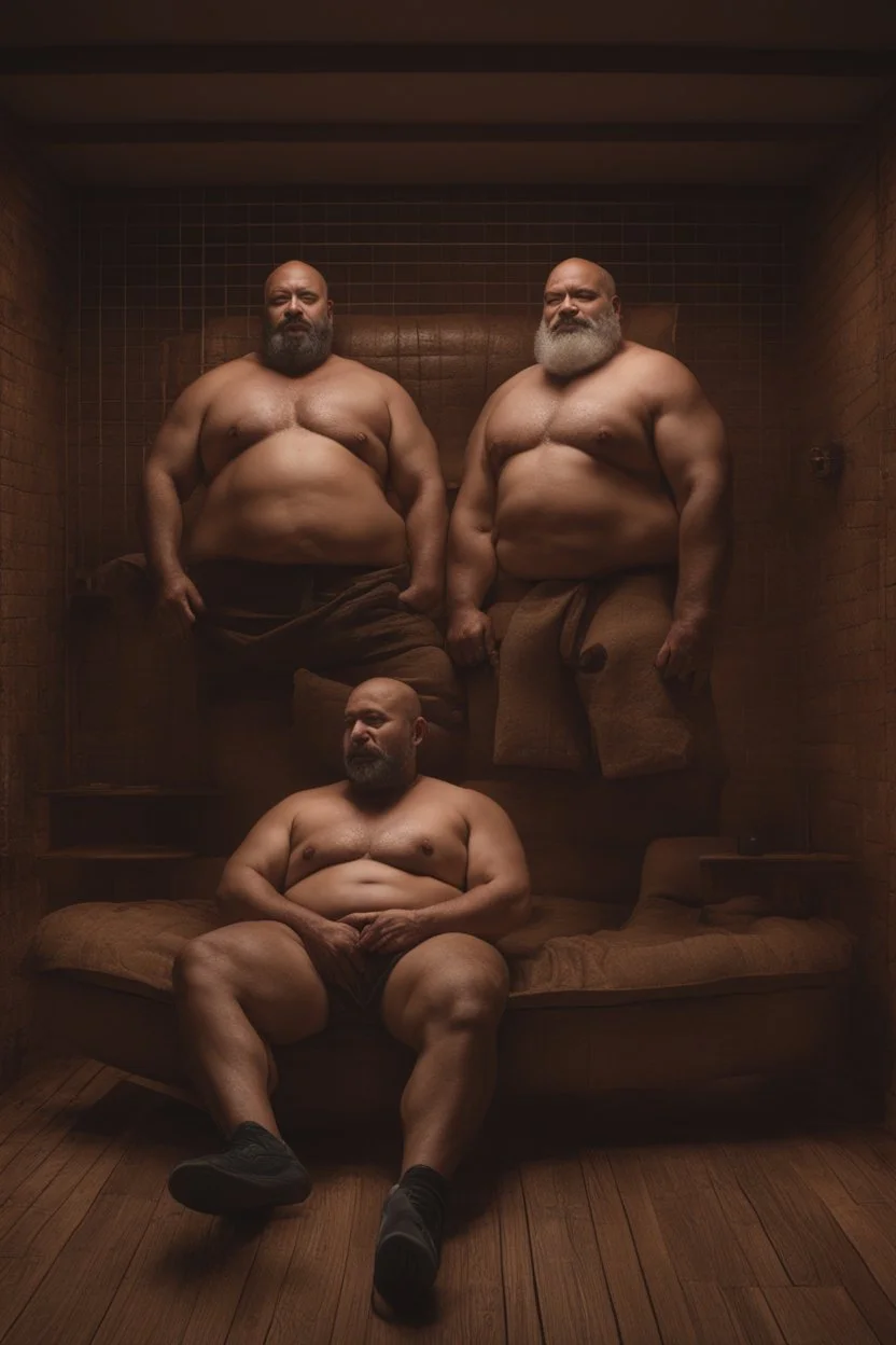 full body shot photography, two muscular chubby ugly burly marocan men , sweat, bulge, masculine hairy 45 year old man, bald, manly chest, curly beard ,big shoulders, big arms, big legs, bulge,, ambient occlusion , lying down sleeping in a steamy Sauna, super high resolution, 8k, dim light, side light, ultra hyper realistic, frontal view