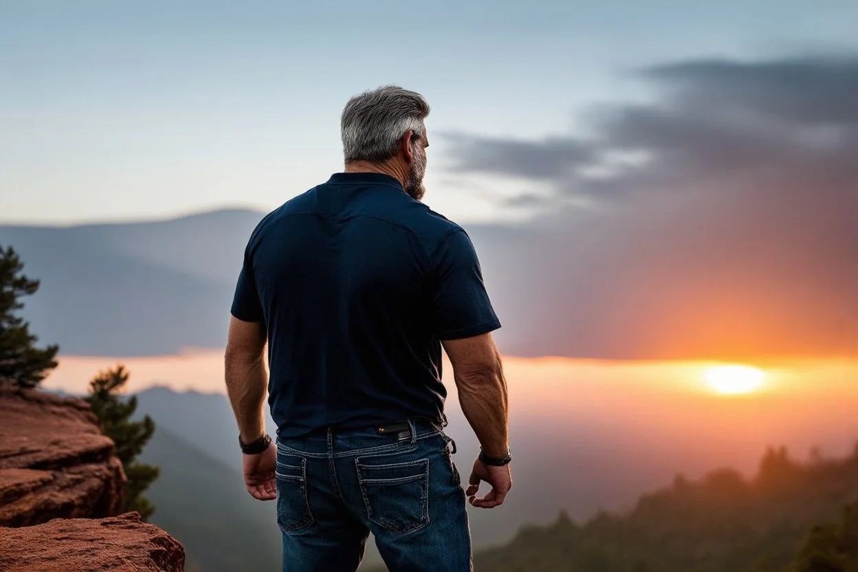 a brawny man with grey hair views sunset from a cliff