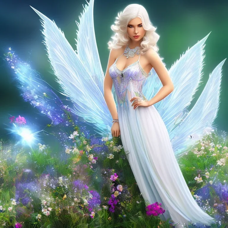 Fantasy fairy with transparent wings, smiling, make up, long platinum blond hair with crown and flowers, blue dress, flowering background