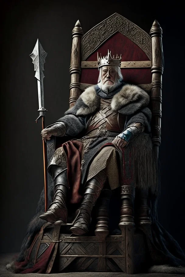 70 years old medival soldier on a throne