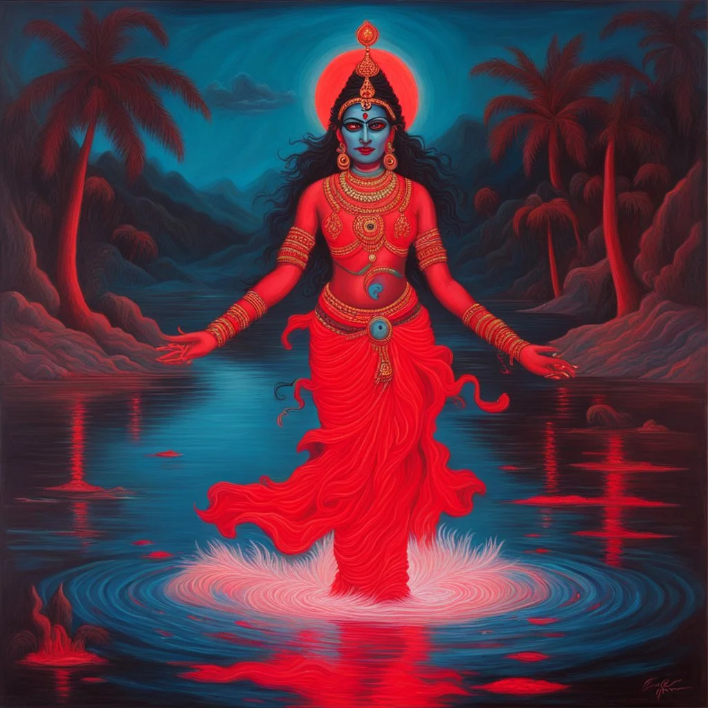 An oil painting of goddess Kali crossing a lake, neon red colors