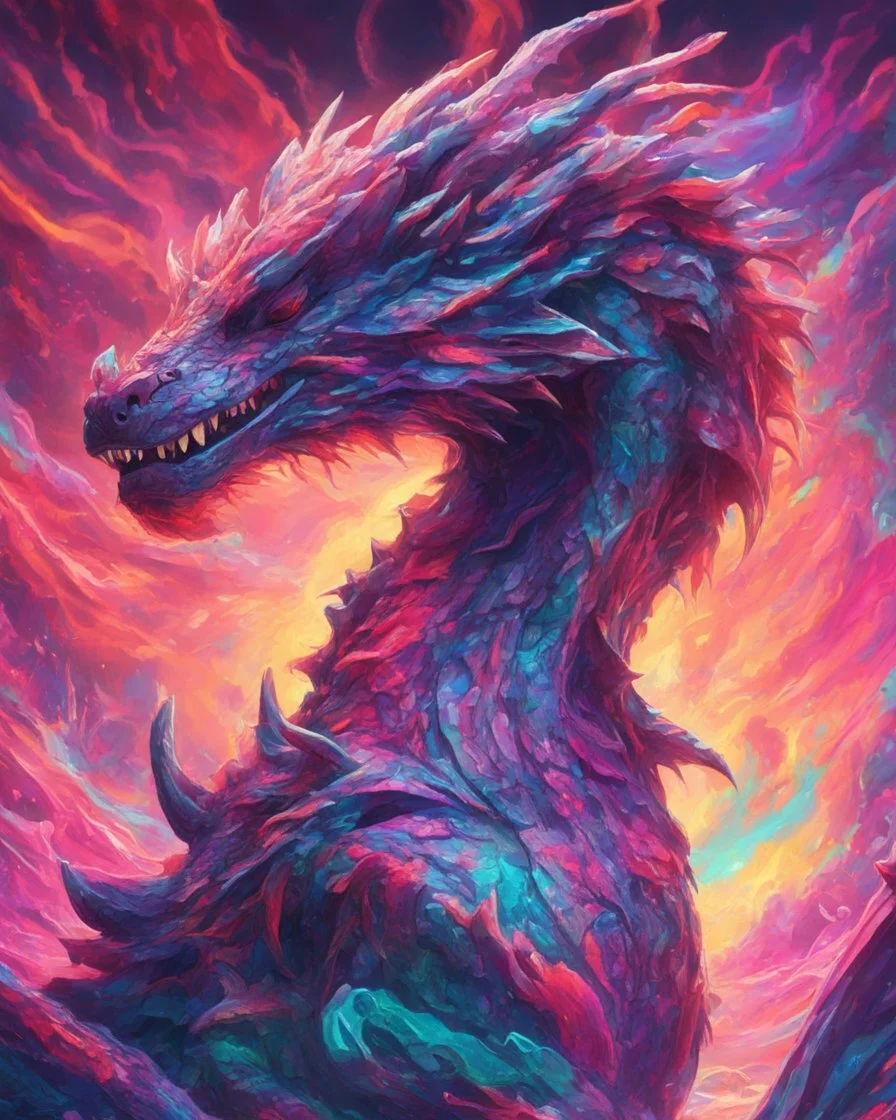 Close up shot, Dragon in a vibrant synthwave dreamscape, neon chaos swirling energetically around pixelated forms, a dynamic fusion of retro gaming nostalgia and futuristic abstraction