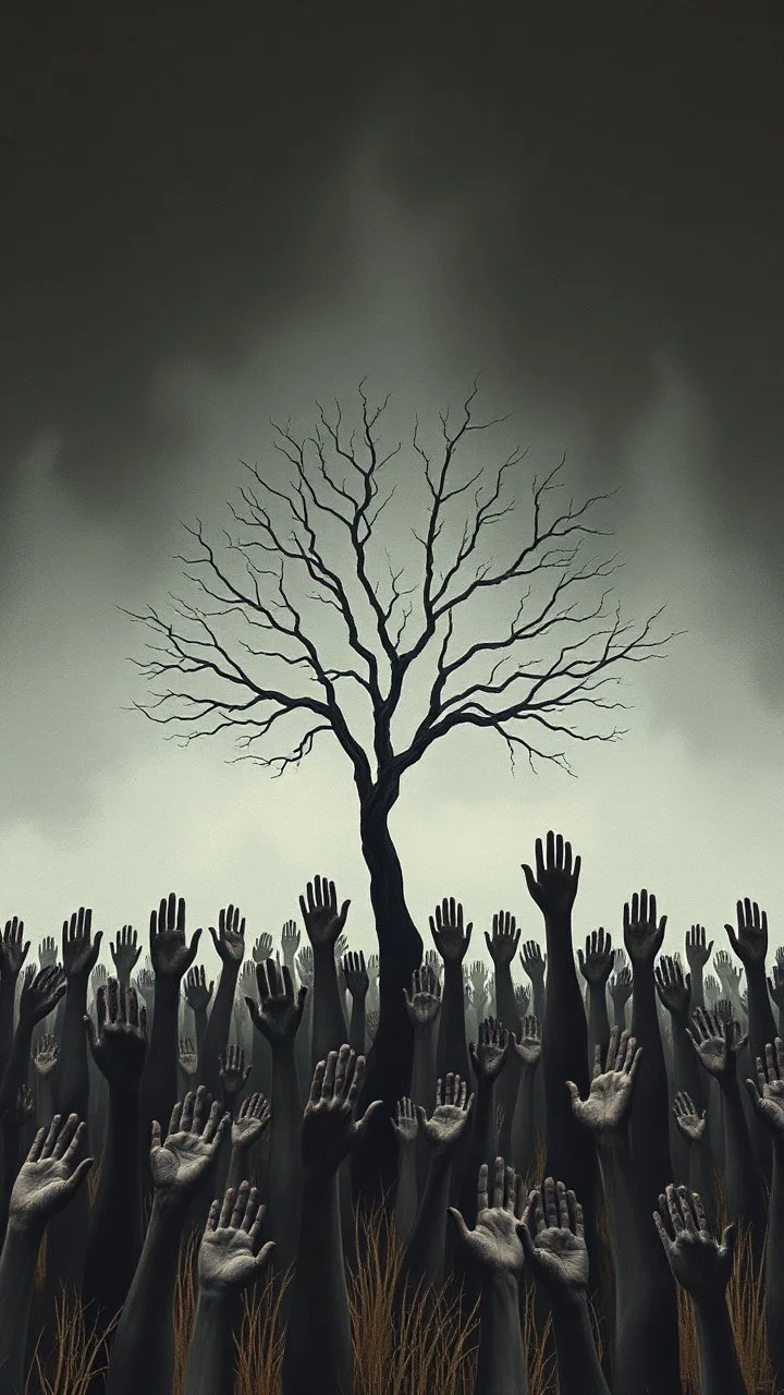 a field of thousands men with hands are up rising up from the ground not visible, horror, hands in different shapes coming out from the ground towards the sky Busch painting style nightmare and thin line draw, a dry tree with out branches in the middle