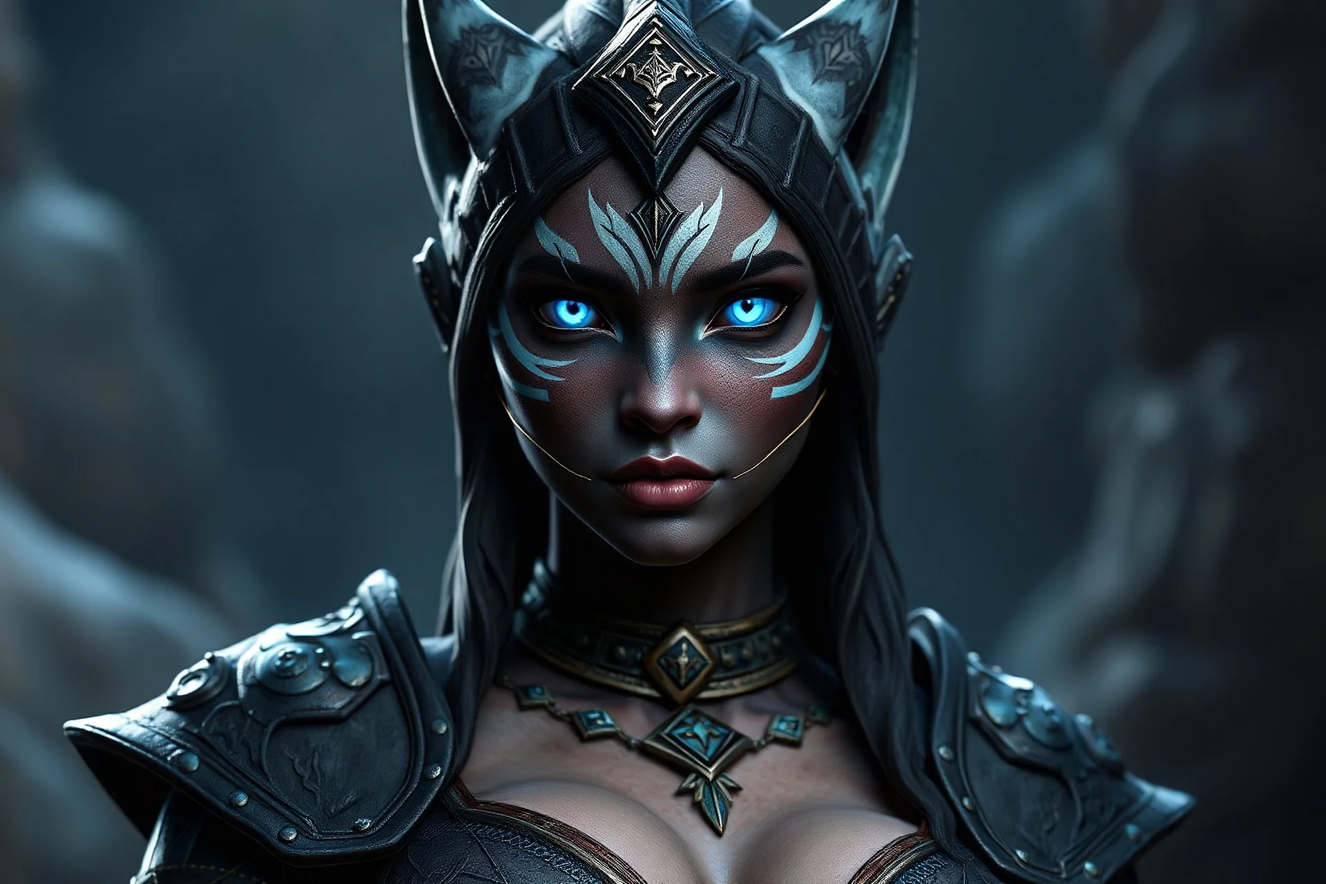 character art of a 20-year-old female Elder-Scrolls-Online-Style Khajiit, glowing blue eyes, She has a curvy body. The artwork is in high-resolution CGI, 4K quality, showcasing high detail and a cinematic look.