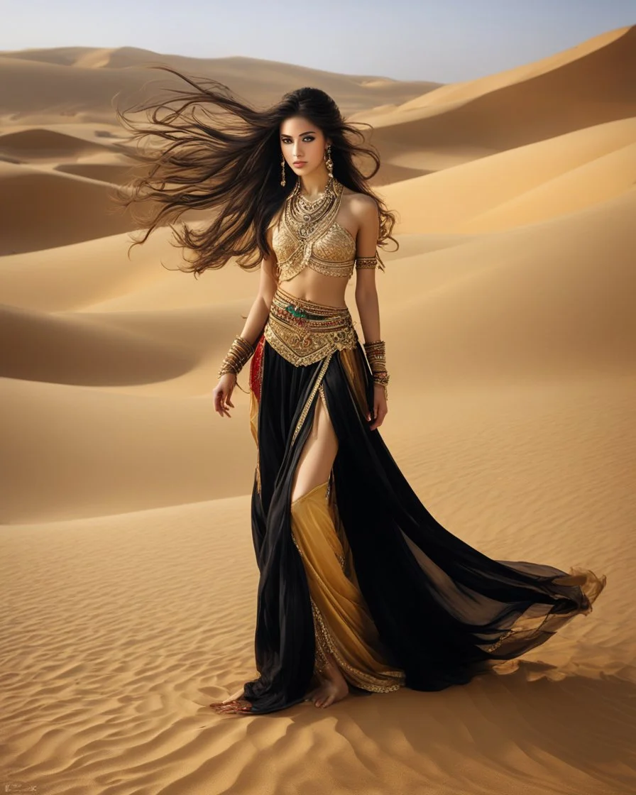 Photography Sahara desert, oasis, slender oriental girl 18 years old of incredible beauty in full height, bare stomach, face half-covered with chiffon, very long hair curling in the wind, tanned skin, dancing oriental dance on the sand, middle east oriental dance costume in black and gold, silk, ruby ​​jewelry, three-dimensional drawing with colored pencils, aesthetics of a female flexible body, hyperrealism, filigree, ultra-detailed face, body and hands, in the style of oriental fairy tales, 64