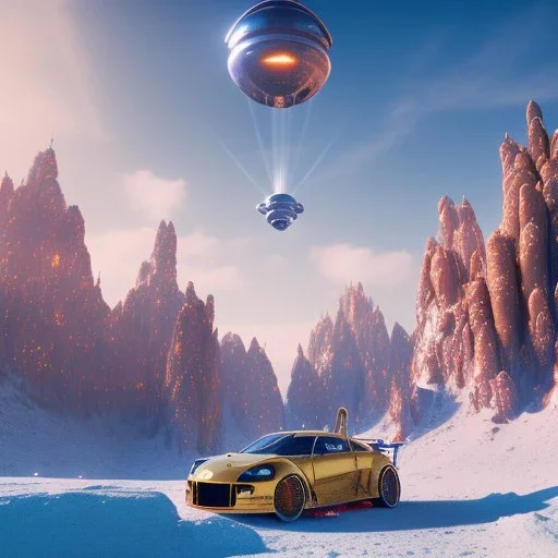 Spaceship landed on snowy mountain, sunny day. clear blue sky. gold. Elegant. Extremely detailed. Award winning photography. Fantasy. 8k. Cinematic lighting. Photorealistic. Dynamic lighting. Imperial colors. Crisp quality. Unreal Engine. Colourful cinematic postprocessing. Pixar. VRay.