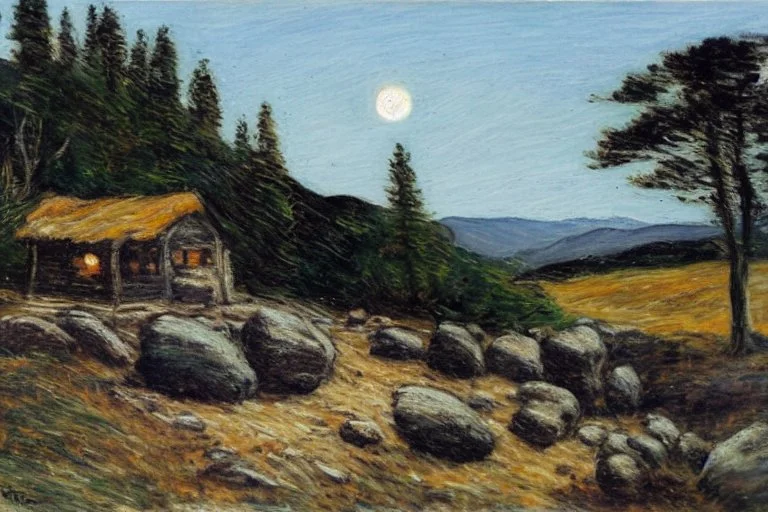 Night, moon, cabin, rocks, pathway, trees, grass, mountains, distant mountains, philip wilson steer impressionism painting