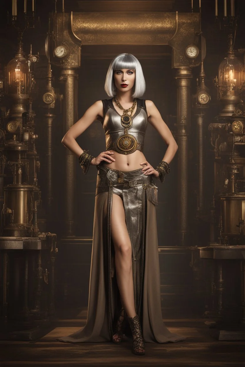 Creation: full body and headshot of a skinny Cleopatra, with a silver bob hairstyle, standing in a steampunk setting.