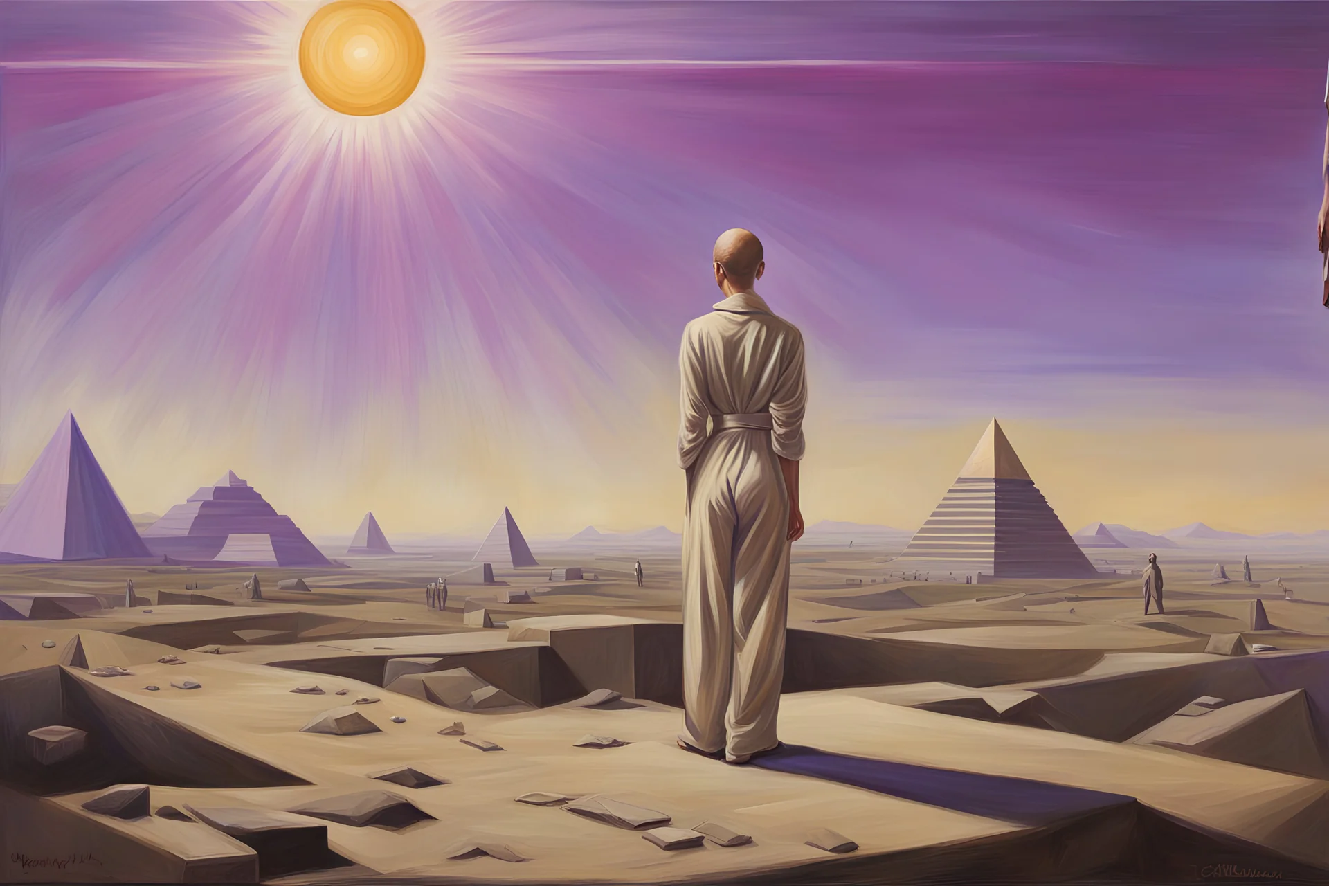 Romanticist realism oil painting of a totalitarian citizen woman bald in a beige uniform jumpsuit and bootsstanding on a battlefield hill with purple flag banner and bright sun and concrete brutalist pyramid