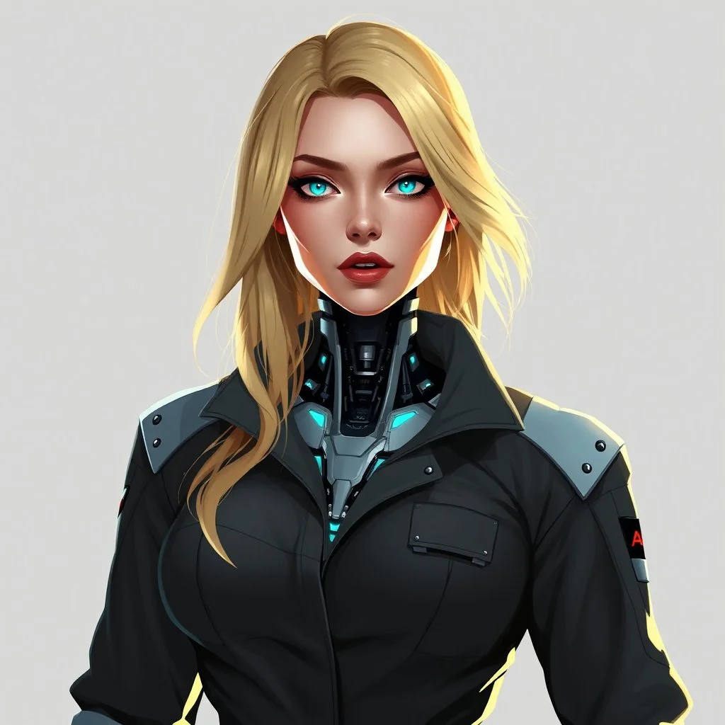 an intelligent blonde woman wearing jumpsuit, robotic neck and chest, digital art, stylised