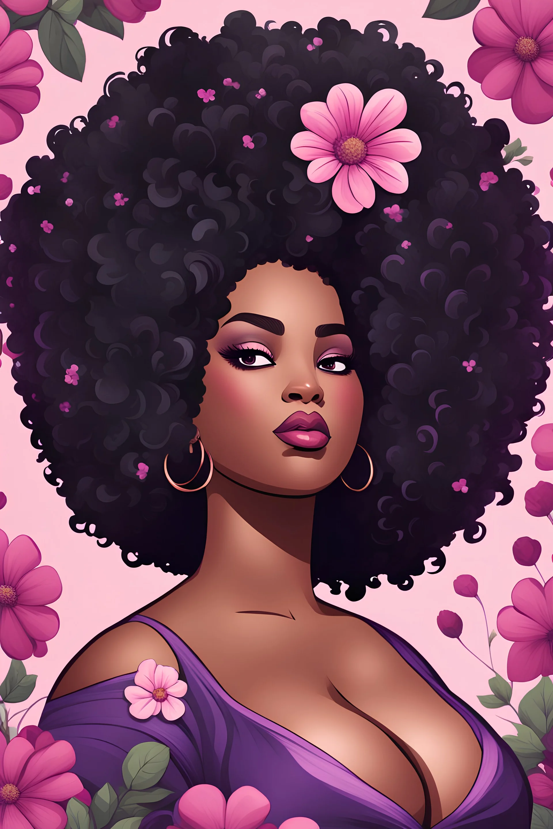 create a whimsical logo style image with exaggerated features, 2k. cartoon image of a plus size black female looking off to the side with a large thick tightly curly asymmetrical afro. Very beautiful. With pink and purple large flowers