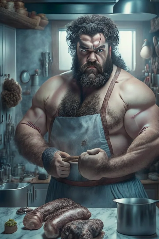 full figure shot photography of a 29 years old serious burly strong stocky turkish shirtless butcher with grey apron, bullneck, hairy, beard, curly hair, holds big sausage in hand, in a modern kitchen with marble table, angry eyes, High detail, very detailed, ultra HD, 8k, cinematic, ambient occlusion , view angle from low