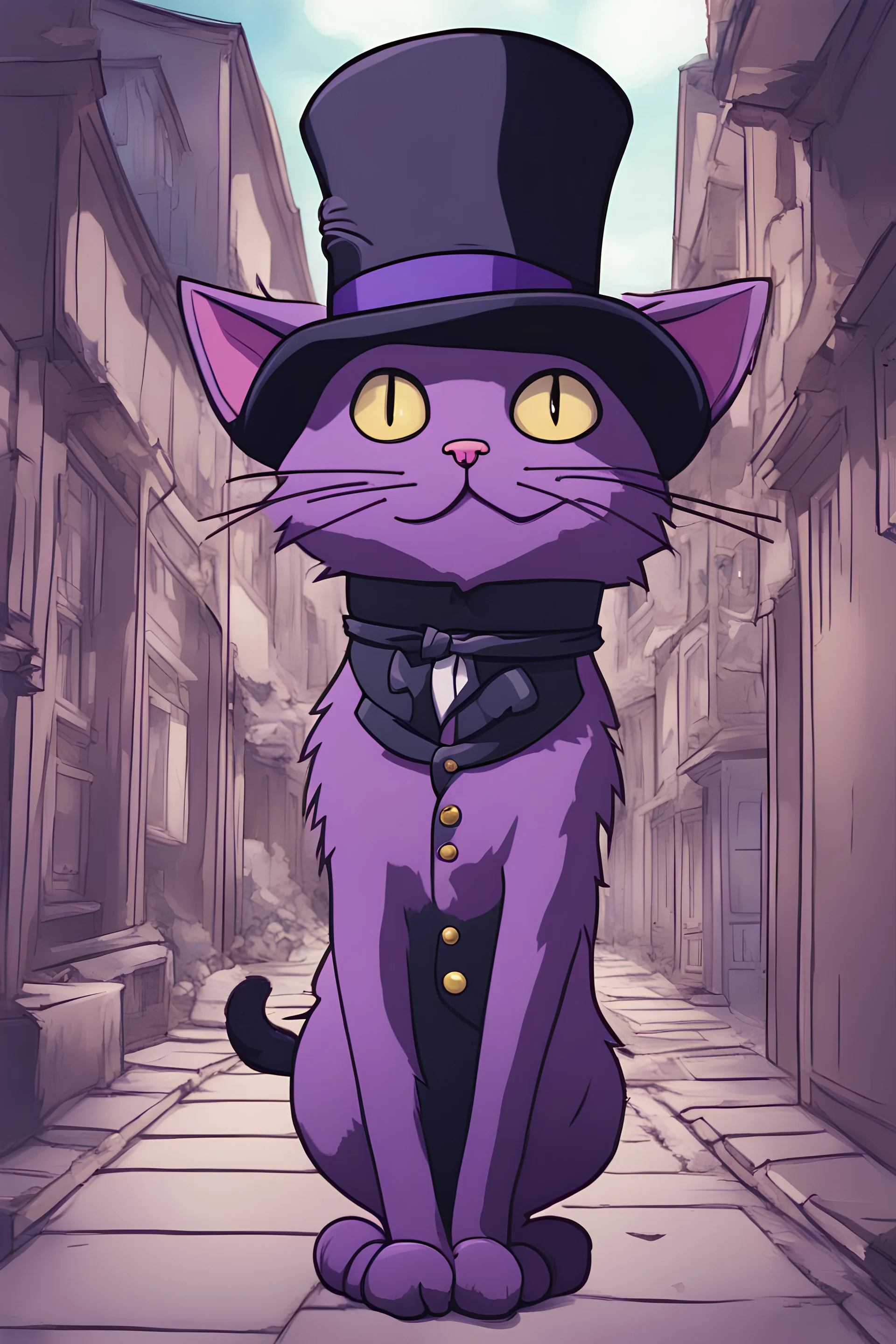 A purple cat wearing a black top hat in, Studio Ghibli anime art style