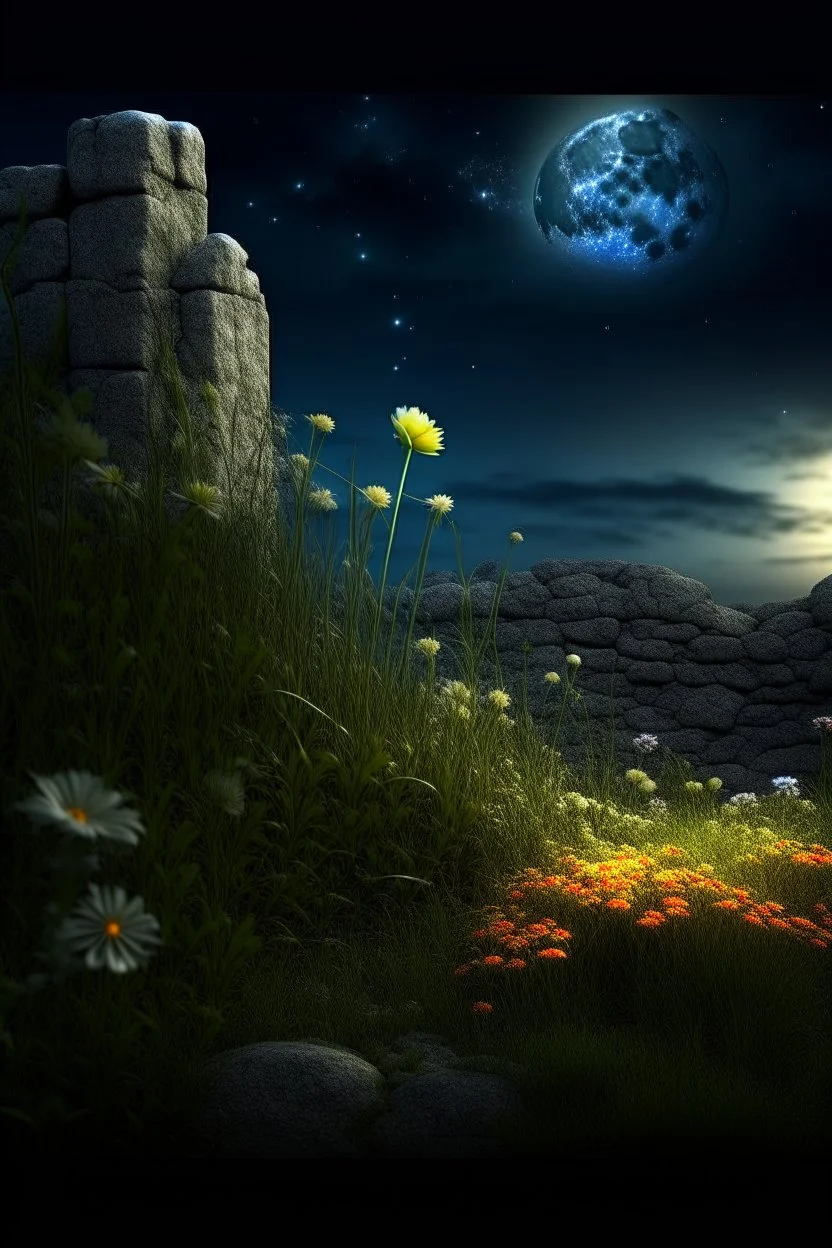 A close-up image of a rough stone wall with overgrown grasses, weeds, and vibrant flowers, featuring whimsical and surreal art, dark fantasy themes, dramatic lighting effects, intricate details, dreamy landscapes, gothic aesthetics, an ethereal atmosphere, and magical scenes with a moonlit sky with stars and constellations, a faint glow emanating from the cracks in the wall, and fireflies dancing around the glowing cracks.