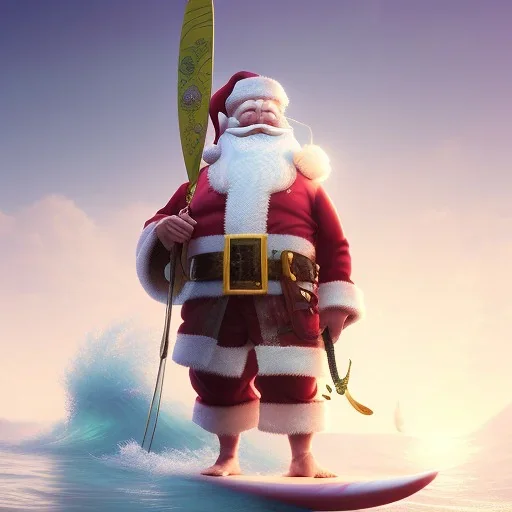 Santa standing of surfboard surfing a big wave, surfboard, beach, character design by cory loftis, fenghua zhong, ryohei hase, ismail inceoglu and ruan jia. unreal engine 5, artistic lighting, highly detailed, photorealistic, fantasy