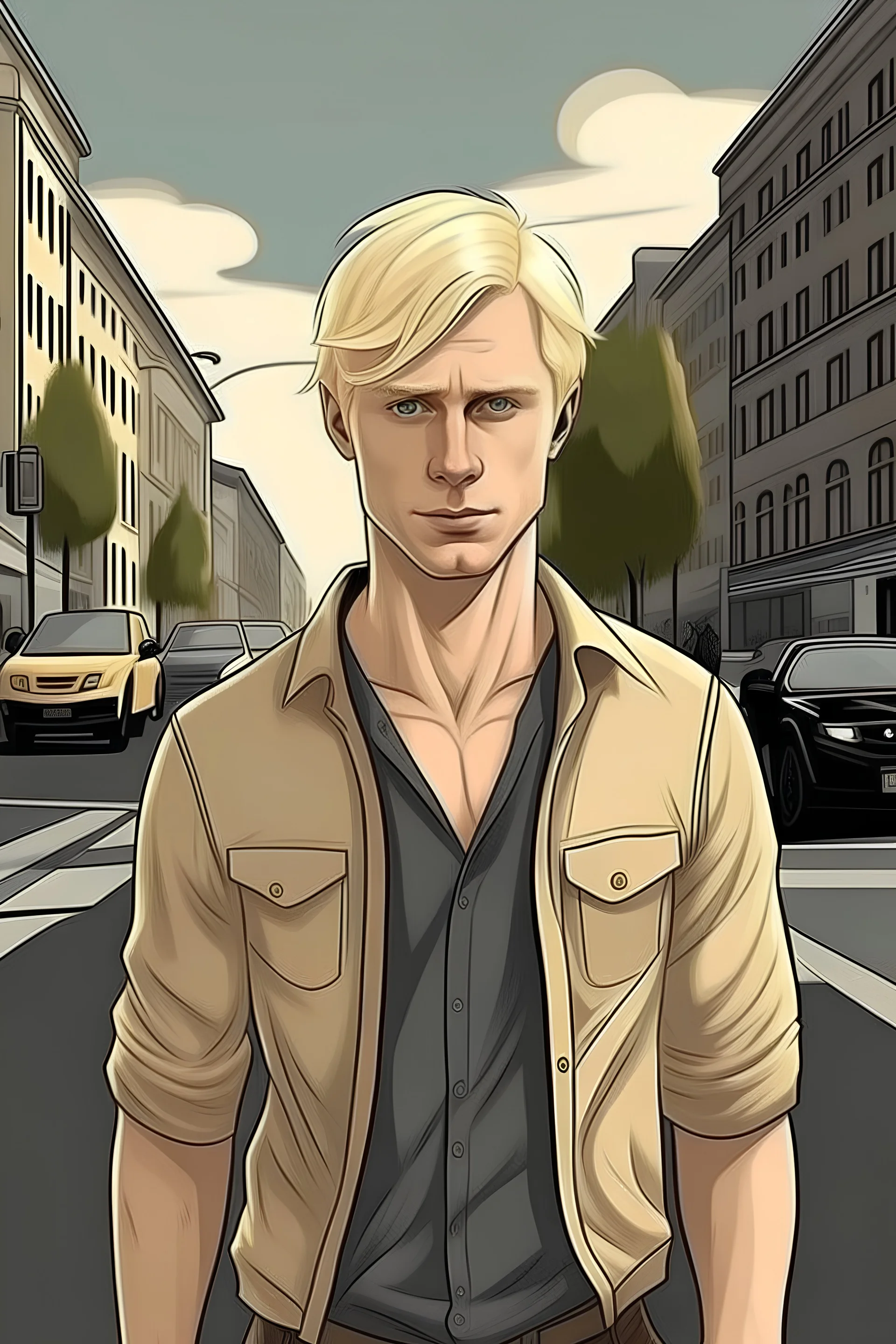 a realistic style blond man in the middle of the street