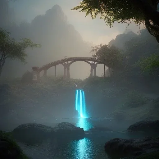 Artemis Tapınağı fantasy art, island waterfall palms twigs spring sunset rainbow bridge birds, lighting, cinematic, extremly, mist, unreal engine 5, cinematic lighting, beautiful, photorealistic, abstract