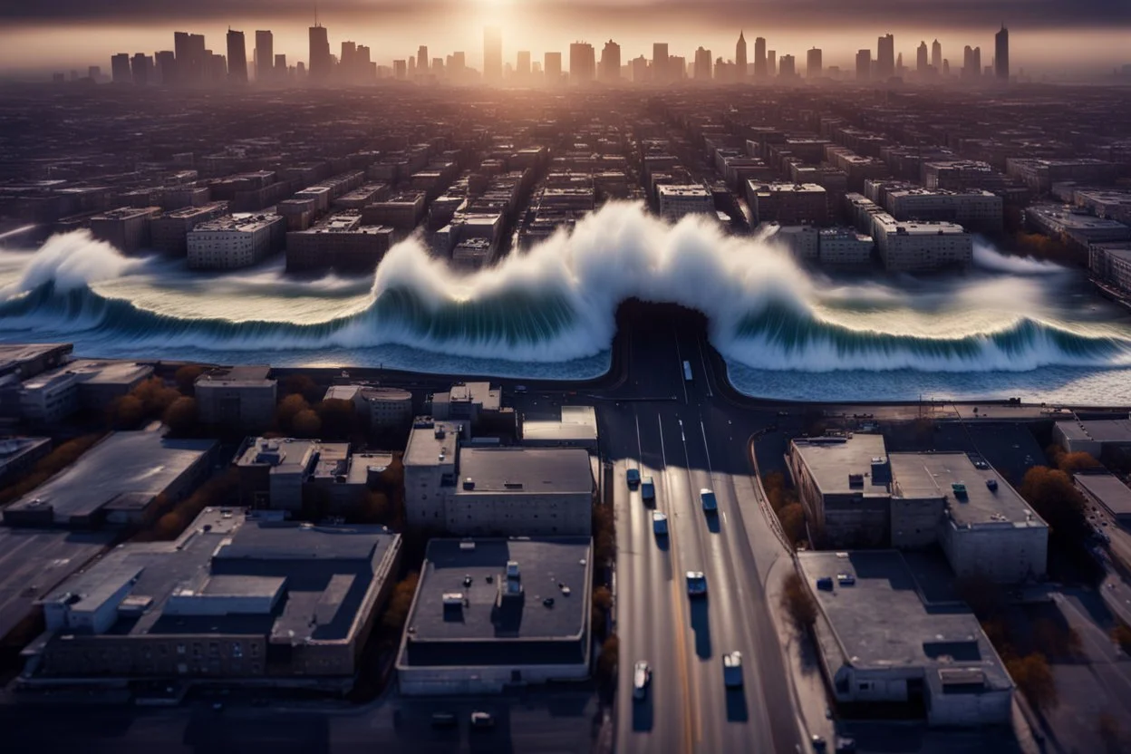 Drone Shot of a huge Tidal Wave seen from a downtown street on a Sunny Day as it hits buildings in the middle distance":"HDRI, ultra realistic, concept art, elegant, highly detailed, intricate, sharp focus, depth of field, f/22, 200mm, medium shot, ((bright diffused Sunset light)), Kodak Ektar