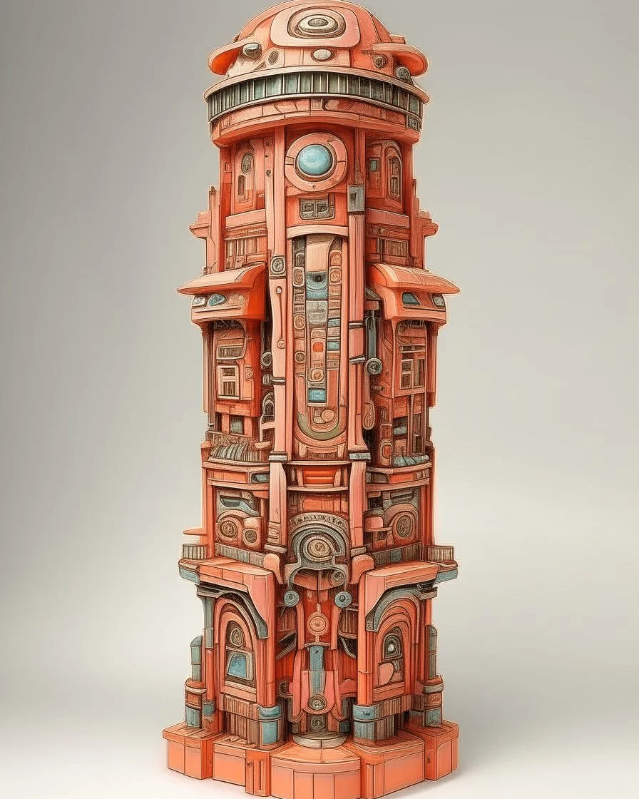 A light rosy orange colored mechanized fortress designed in pacific Northwest totem poles painted by Qiu Ying