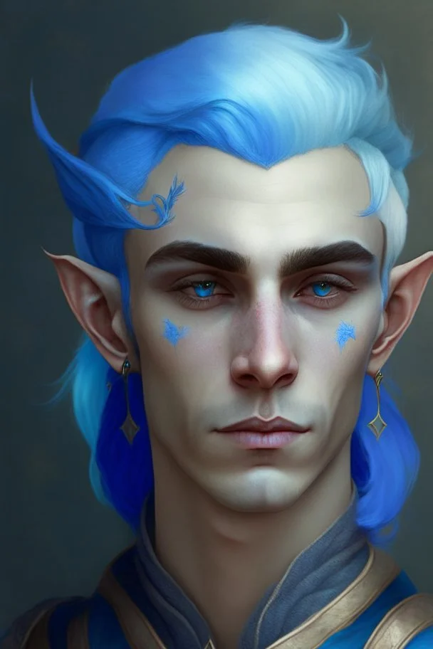 A portrait of a noble male Elf, a bit feminine, Blue hair,