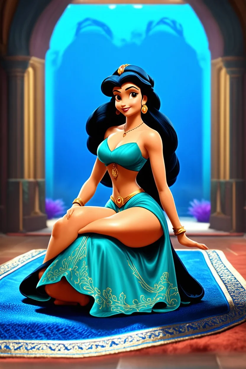 as Disney’s Princess Jasmine sitting on a magic carpet looking beautiful. (((8K, Ultra High Definition, Intricate details, hyper-realistic))) (((FULL BODY))) (((FULLY CLOTHED))) (((FULL COLOR)))