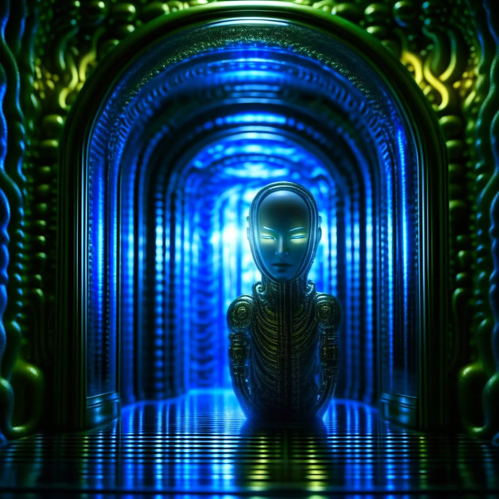 portrait of transparent chat robot in mega vial, the style of giger, in front of teleporter portal to the sea in an underground grove, in the style of dali, 8k, down-light, soft light, depth of field, photo realism, trending on art station, high detail