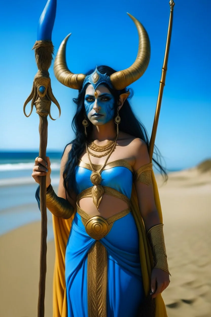 A picture of a blue faced Indian goddess with skin painted blue, blue body, wild black hair, stag horn antlers, elven ears, golden skirt, holding a staff on a sunny beach