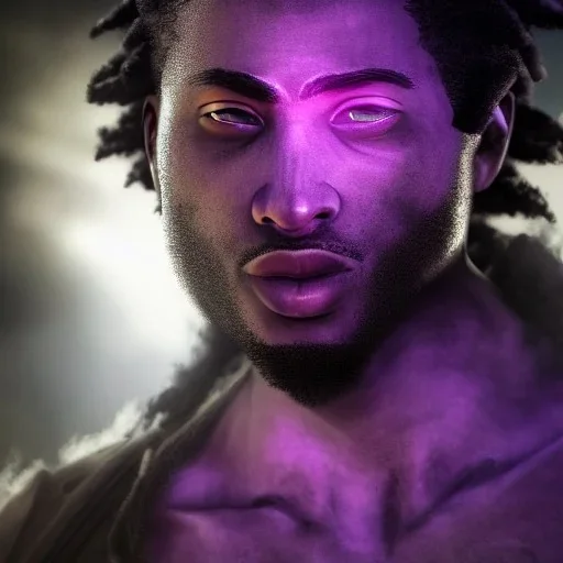 portrait, badass black man, long curly black hair, purple scar on eye, post-apocalyptic, realistic, intriacte detail, sci-fi fantasy style, volumetric lighting, particales,highly detailed,cinamatic, deep colours,8k