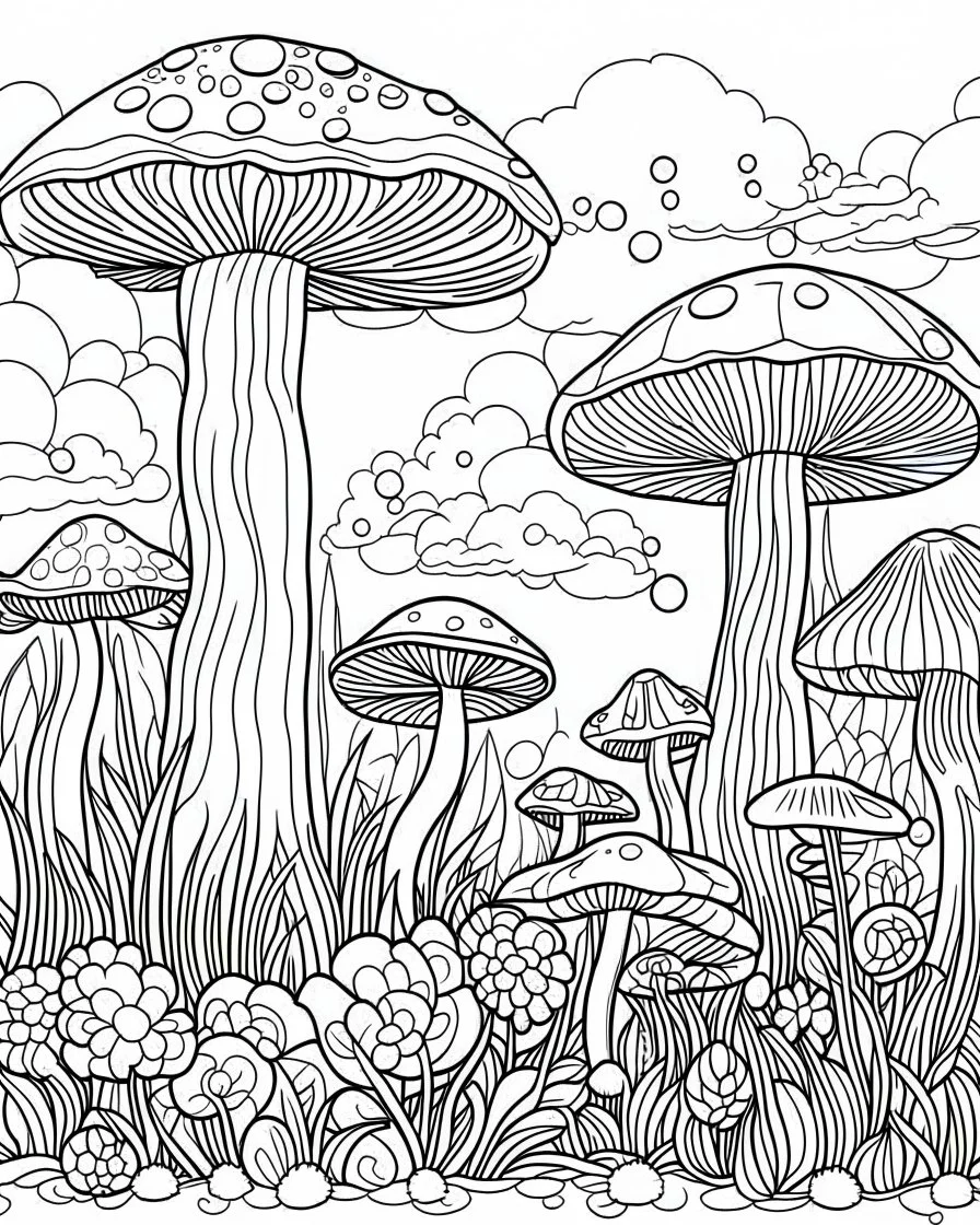 coloring page of mushroom world landscape, use clean lines and leave plenty of white space for coloring, simple line art, clean and minimalistic line