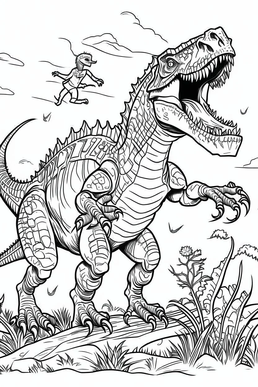 A coloring page, white background llustrate a victorious T-Rex standing triumphantly over a defeated rival, roaring triumphantly to assert its dominance and claim ownership of the territory ink drawing clipart, simple line illustrations, colored