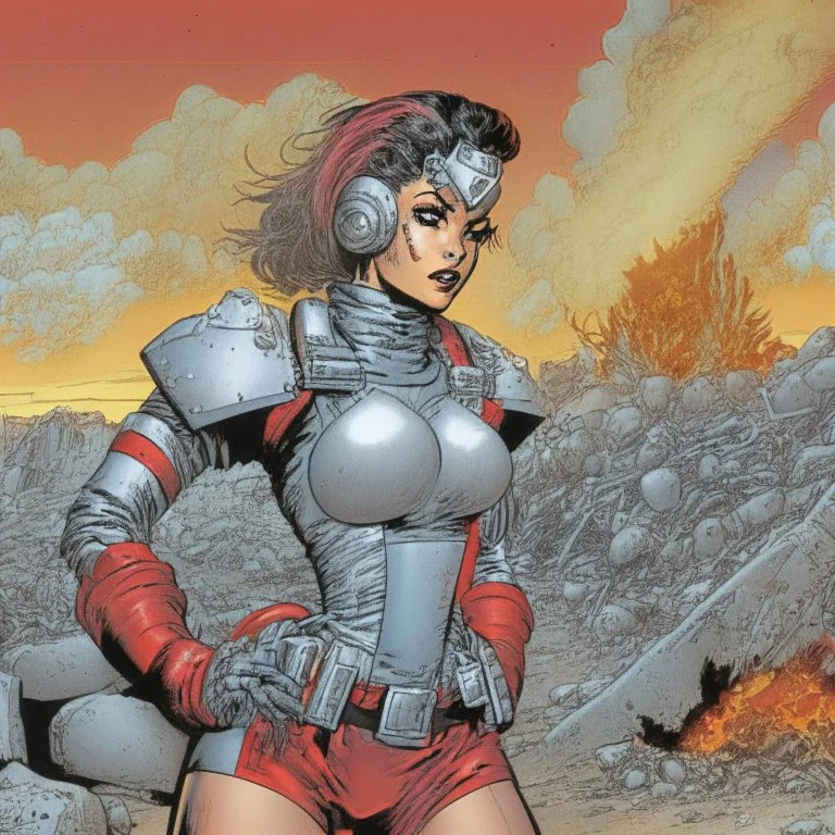 Una mujer luchadora periodista en armadura plateada futurista en un estilo de comic de 1980 en un wasteland en montevideo con un volcan rojo de fondo y pequeños robots