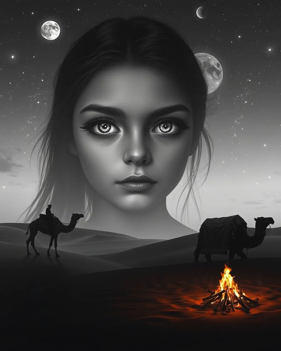 digital painting fantasy girl reflection two eyes in the sky stars moon in two eyes huge long eyelashes desert camel caravan man sitting by the fire double exposure collage monochrome