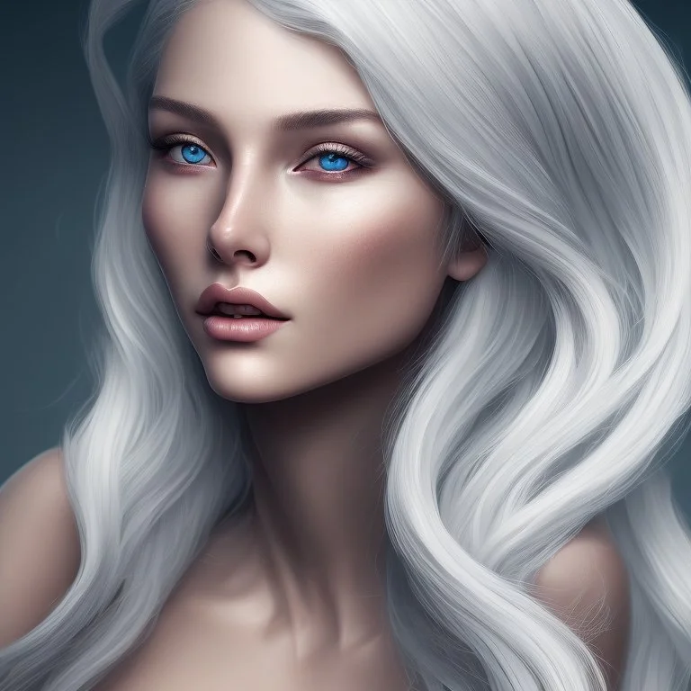 Highly detailed portrait of stunningly beautiful woman, with white hair and blue eyes 8k, 23 years, three point lighting.